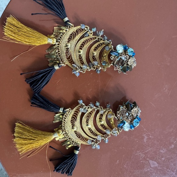 Bohemian Gold and Blue Tassel Earrings - Picture 2 of 3